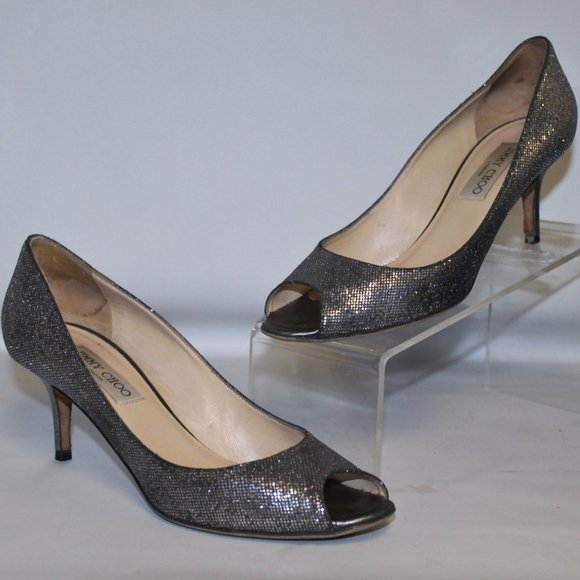 Jimmy Choo Shoes - Jimmy Choo Silver Glitter Peep Open Toe Heels Pumps Shoes